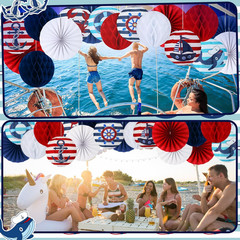 18 Pcs Nautical Party Decoration Ship Wheel Hanging Paper Lantern Honeycomb Fan