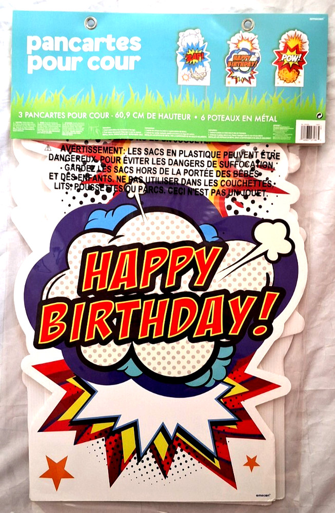 Superhero Comic Strip Birthday Party Yard Signs 24″ High 3 Signs & 6 Stakes NEW
