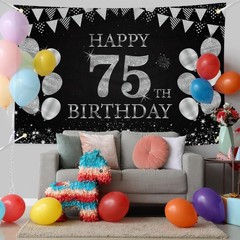 Happy 75th Birthday Banner, Black Silver 75th Birthday Party Decorations for …