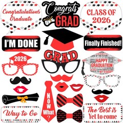 Red Graduation Photo Props 2026 – Pack of 23 | Photo Props for Red & Black Gradu