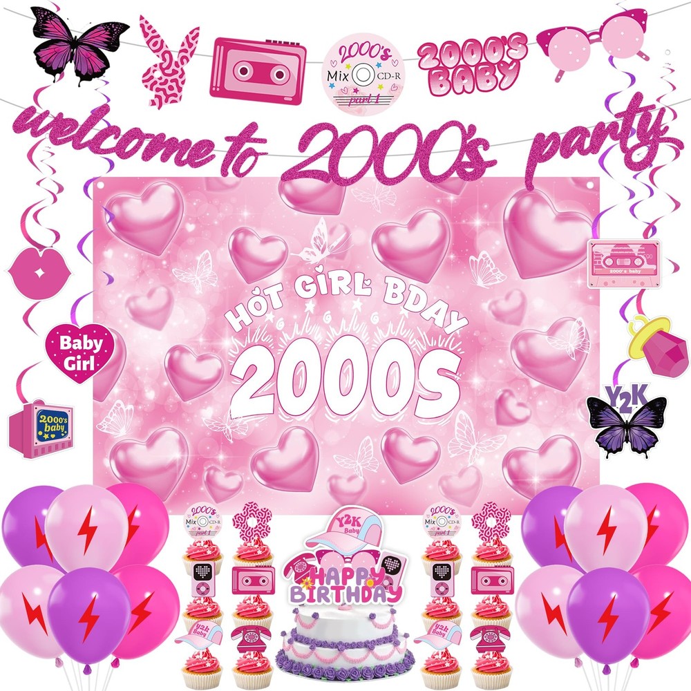 Y2K Party Decorations Early 2000s – 40 Pcs Pink Retro Themed Multicolor
