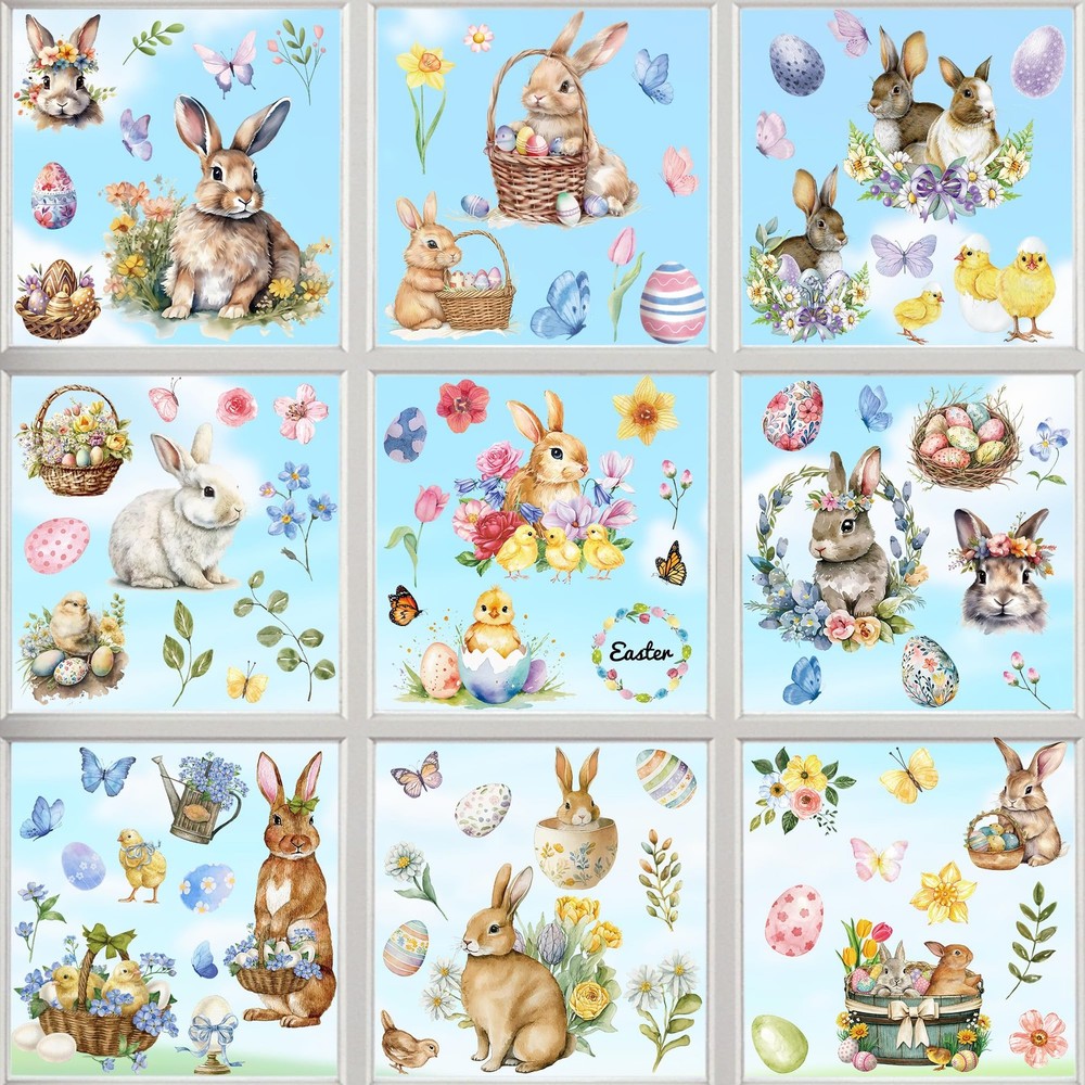 9 Sheets Easter Window Clings, 87 PCS 7.87×11.81 inches, Multicolored