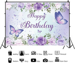 Purple Butterfly Birthday Banner Backdrop 5x3ft Party Decor for Women Girls