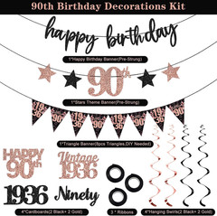 12PCS 90Th Birthday Decorations for Women, Rose Gold Vintage 1936 Happy 90Th