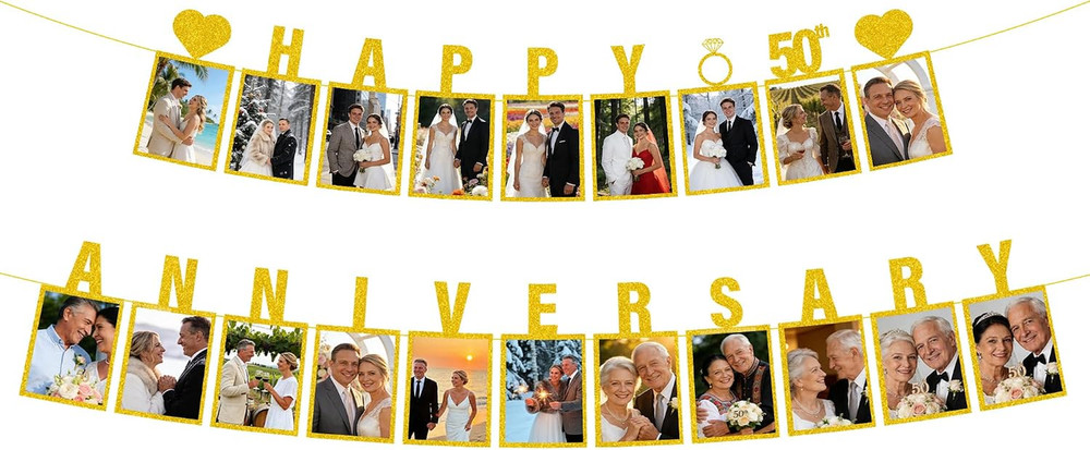 50Th Anniversary Decorations Wedding Banner – 2 Pcs Glitter Gold Pre-Strung Phot