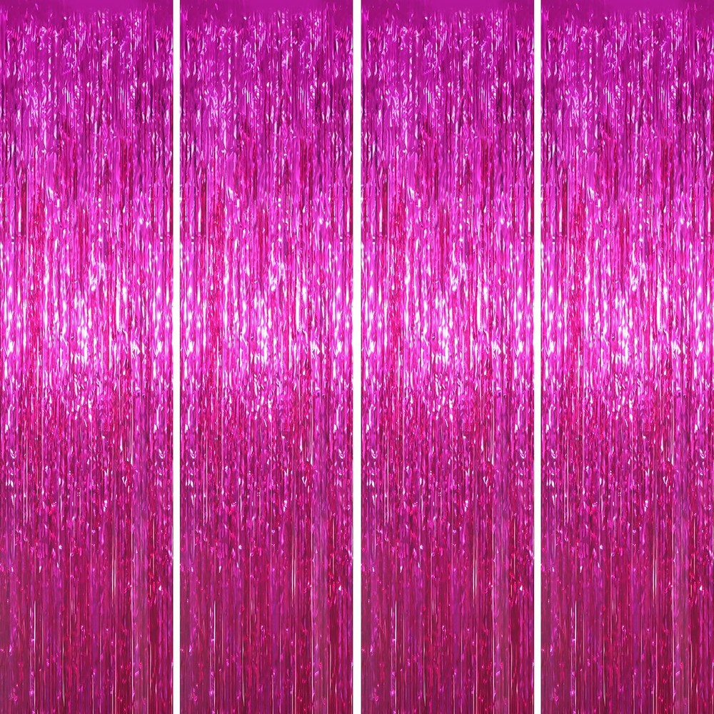 4 Pack Pink Foil Fringe Backdrop Curtains Tinsel Streamers for Party Decor