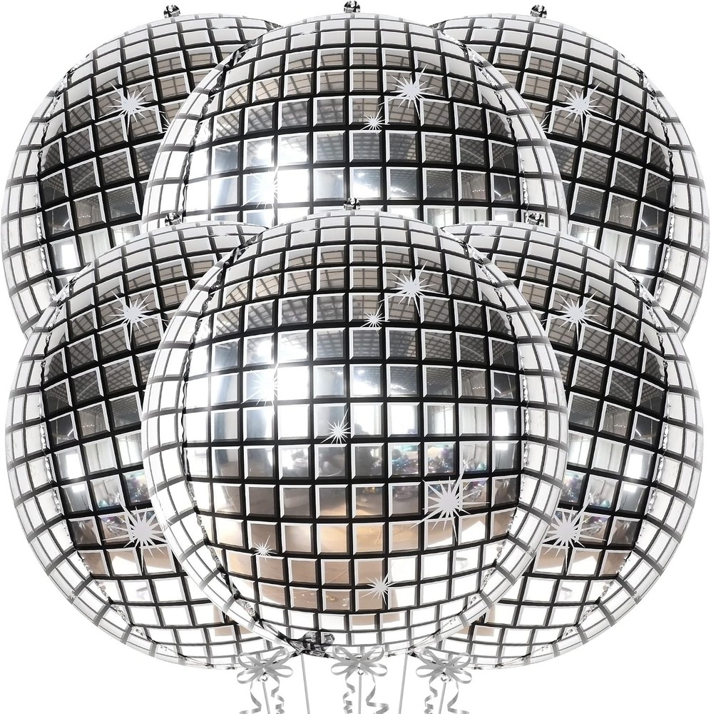 6 Pack 22 Inch Silver Disco Ball Balloons 4D Sphere Mylar Foil Party Decorations