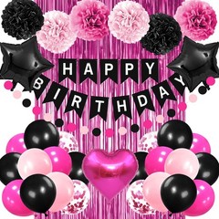 Pink & Black Birthday Party Decor – Happy Birthday Banner, Balloons, Pom Poms, C
