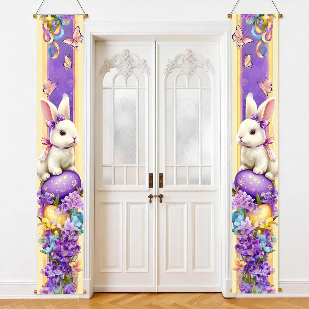 Happy Easter Porch Banner 12×71 inch White Bunny Porch Banner Set with Purple…