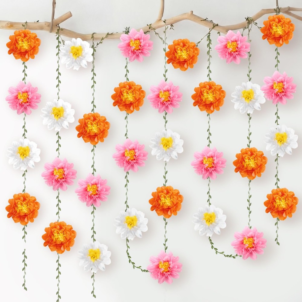 2 Pcs Tissue Paper Flower Garlands 6.56 Ft Paper Pom Pom Garlands with Vine L…