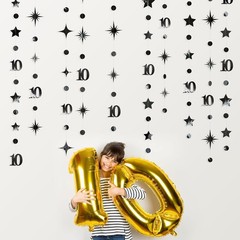 Black 10th Birthday Decorations Number 10 Circle Dot Twinkle Star