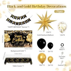 Black and Gold Birthday Decorations for Men Women, 71pcs Black and Gold Party