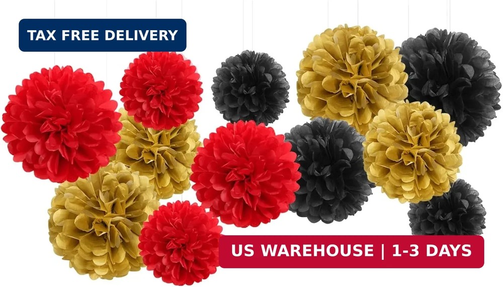 Red-Black Gold Party-Decorations Tissue Pom-Poms – 12pcs Game Night Casino-Theme
