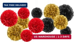 Red-Black Gold Party-Decorations Tissue Pom-Poms – 12pcs Game Night Casino-Theme