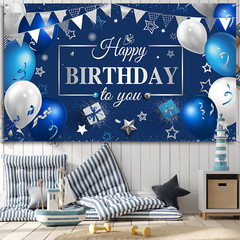 Sumind Happy Birthday Decorations Backdrop Banner, Navy Blue and Silver Party De