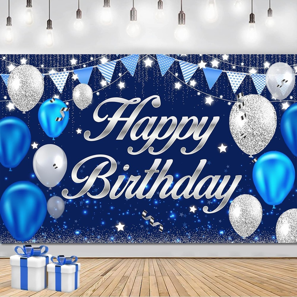 Happy Birthday Banner – Birthday Decorations for Men Women Boys Girls Blue Slive