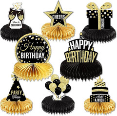 8 Pieces Happy Birthday Supplies Set,Black Gold Birthday Themed Honeycomb Center