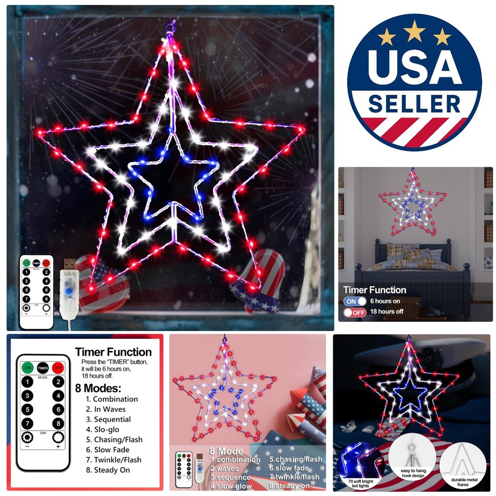 Elegant Iron Frame Star Lights with Timer – Perfect for Patriotic Celebrations
