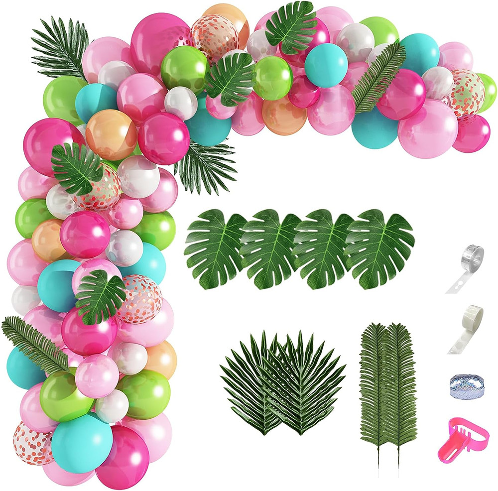 132Pcs Tropical Flamingo Balloons Garland Kit, 40» Coconut Tree Foil Flamingo B