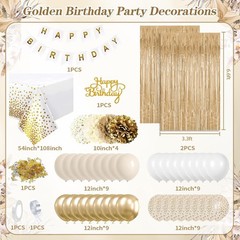 Gold & White Birthday Decorations Kit Balloons Banner Tablecloth Confetti