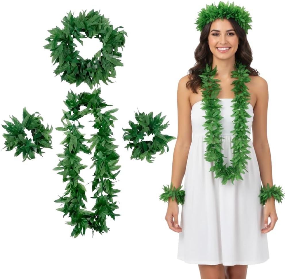 PMU 192 Pcs Luau Tropical Fern Leaf Lei Set Green – (48 Pack of 4)