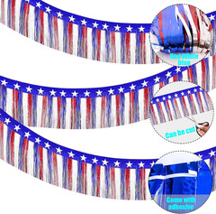 4th of July Decorations 2Pack 40Ft Red White and Blue Fringe Backdrop Banner for