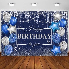 8x6ft Blue Birthday Backdrop with Silver Glitter & Balloons – Party Photo Booth