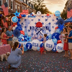 Labor Day Decorations Balloon Kit with Large Fabric Backdrop & USA Printed Foil