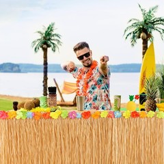 9 Feet x 29.5″ Luau Grass Table Skirt – Hawaiian Theme Party Skirt with Hibiscou