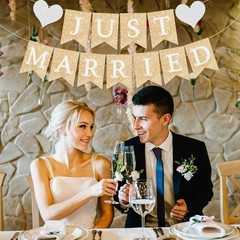 Just Married Banner, PreStrung Gold Glitter Wedding Reception Decor Banner fo…