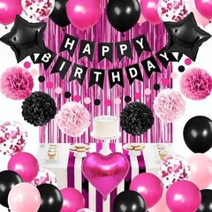 Pink & Black Birthday Party Decor – Happy Birthday Banner, Balloons, Pom Poms, C