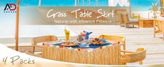 4 Pack Thickened Grass Table Skirt Natural with Hibiscus Flowers 400g Hawaiian