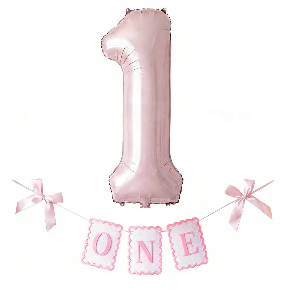 Pink 1 Balloon (40 Inch) & Bow One Highchair Banner (Pre-Strung) for 1st Birt…