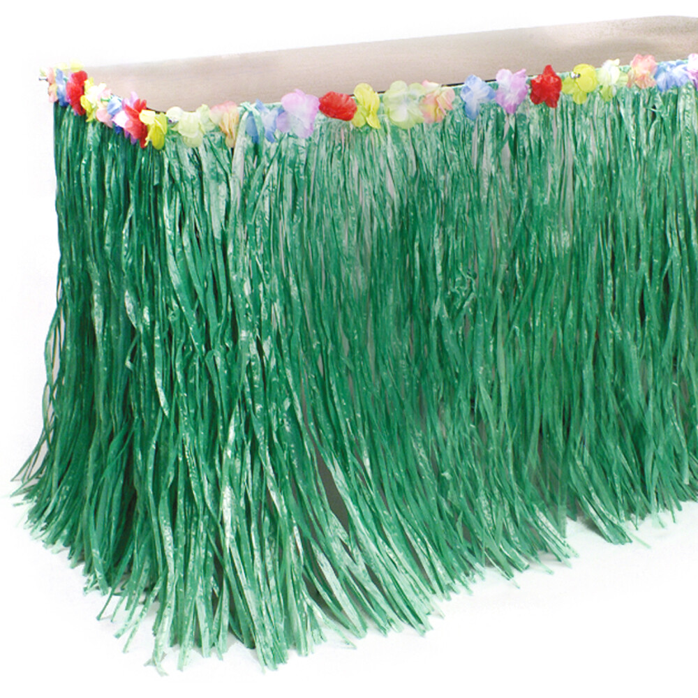 Green Grass Table Skirt Luau Party Decoration w Colorful Flowers, 104″L by 29″T
