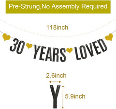30 YEARS LOVED Banner,Black Glitter Paper Banner for 30Th Birthday / Wedding Ann