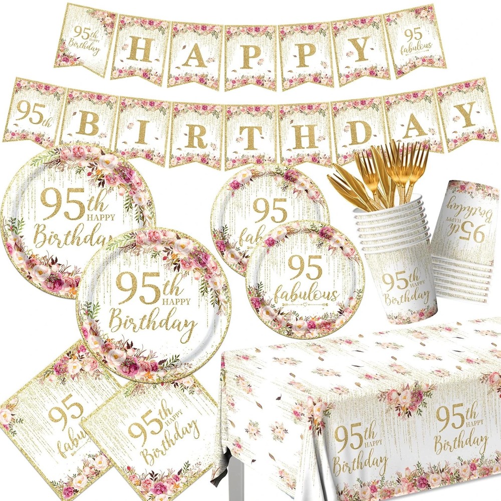 95th Birthday Party Tableware, 142Pcs Rose Gold 95th Birthday Decorations Inc…