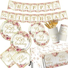95th Birthday Party Tableware, 142Pcs Rose Gold 95th Birthday Decorations Inc…