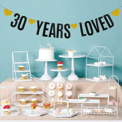 30 YEARS LOVED Banner,Black Glitter Paper Banner for 30Th Birthday / Wedding Ann