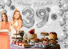 Silver & White 39th Birthday Decorations – 40″ Number Balloons &More-Boy or Girl