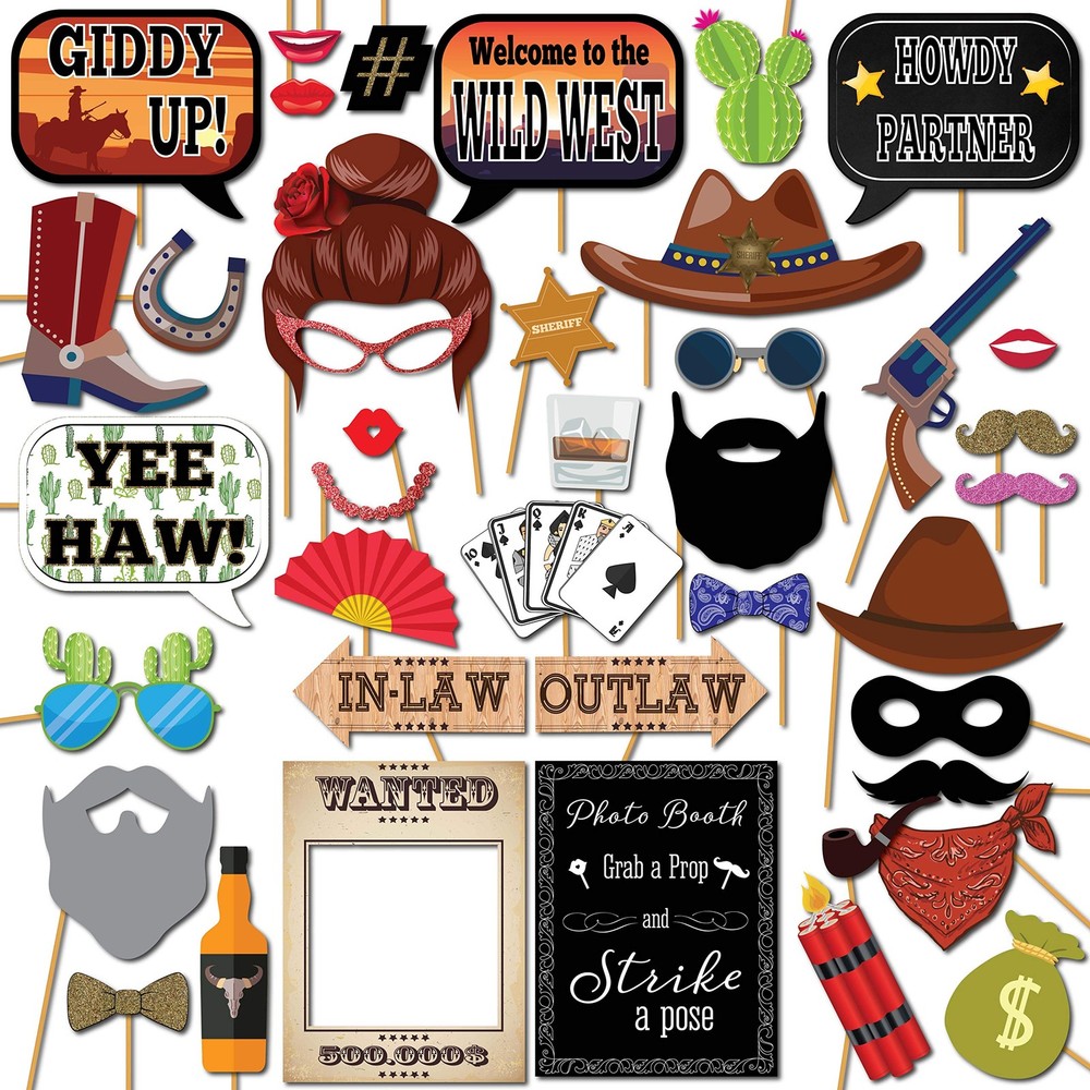 Western Photo Booth Props – 41-pc Photo Prop Kit with 8 x 10-Inch Sign, 60 Ad…