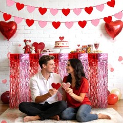 Valentines Party Decorations,2pcs Red Pink Wavy Metallic Tinsel Foil Fringe