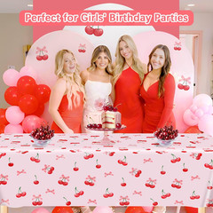 3Pcs Cherry Birthday Decorations Tablecloths, Large Size Cherry and Bows Birthda