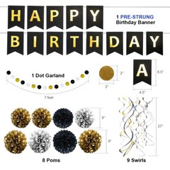 Happy Birthday Banner Party Decorations – Black Gold Decor Supplies Kit for Kids