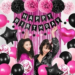 Pink & Black Birthday Party Decor – Happy Birthday Banner, Balloons, Pom Poms, C