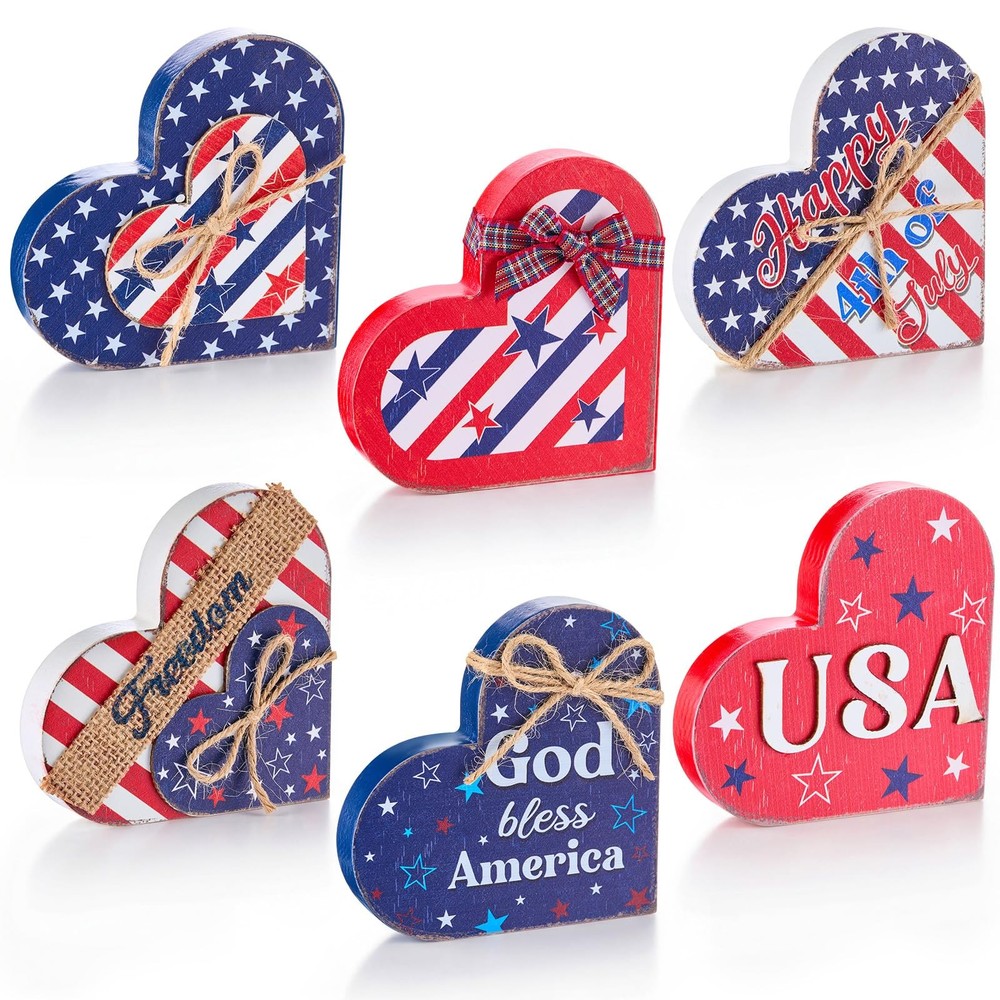 6pcs 4th of July Table Decor Set, Wooden Star Patriotic Independence Day Decorat