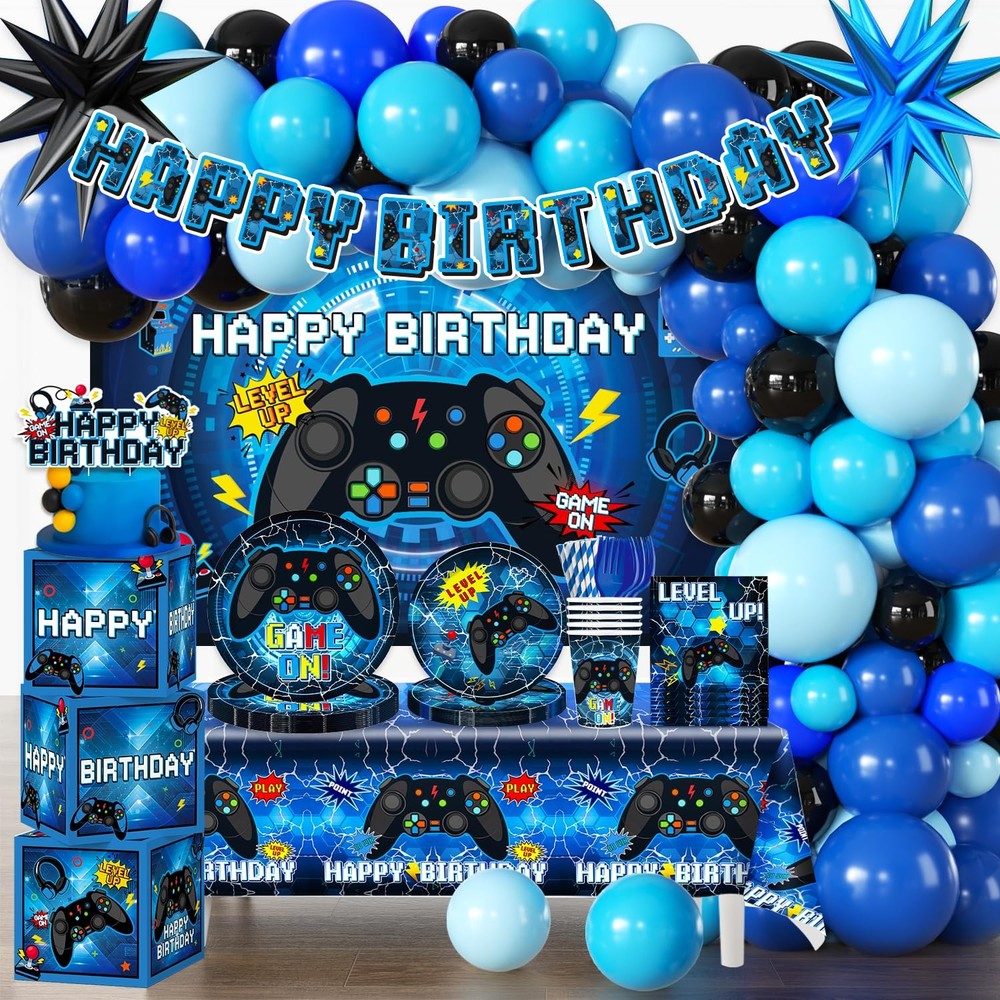 Blue Gamer Party Decorations Set for 20 Boys Video Game Theme Party Supplies