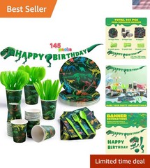 Dino Birthday Party Set 145pc 24 Guests Cups Napkins T-Rex Banner Plates Cutlery