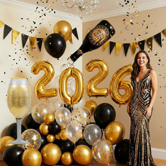 Happy New Year Eve Party Decoration Supplies 2026 New Years Eve Black and Gold B