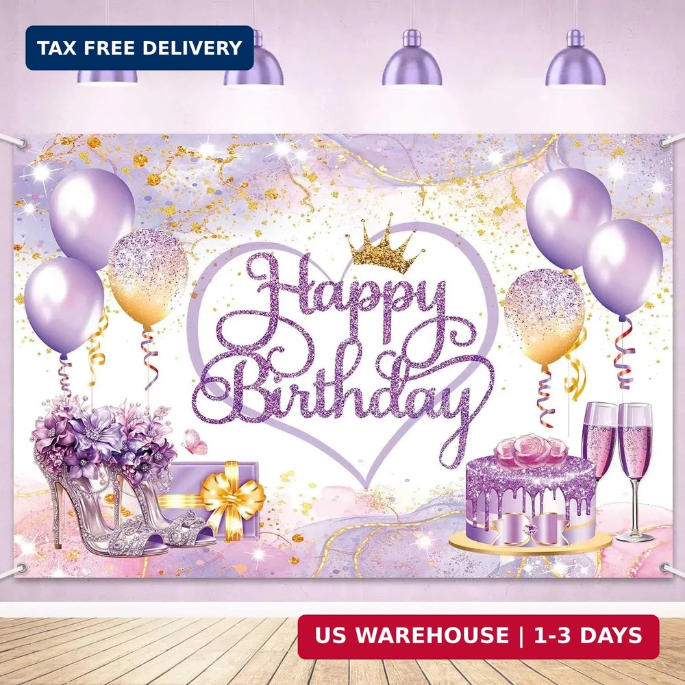 Purple Gold Happy Birthday Banner Backdrop Pink Purple Sign Birthday Decorations