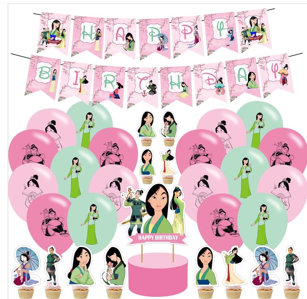 Mulan Princess Birthday Party Decorations, Pink & Green Cartoon Theme Party S…